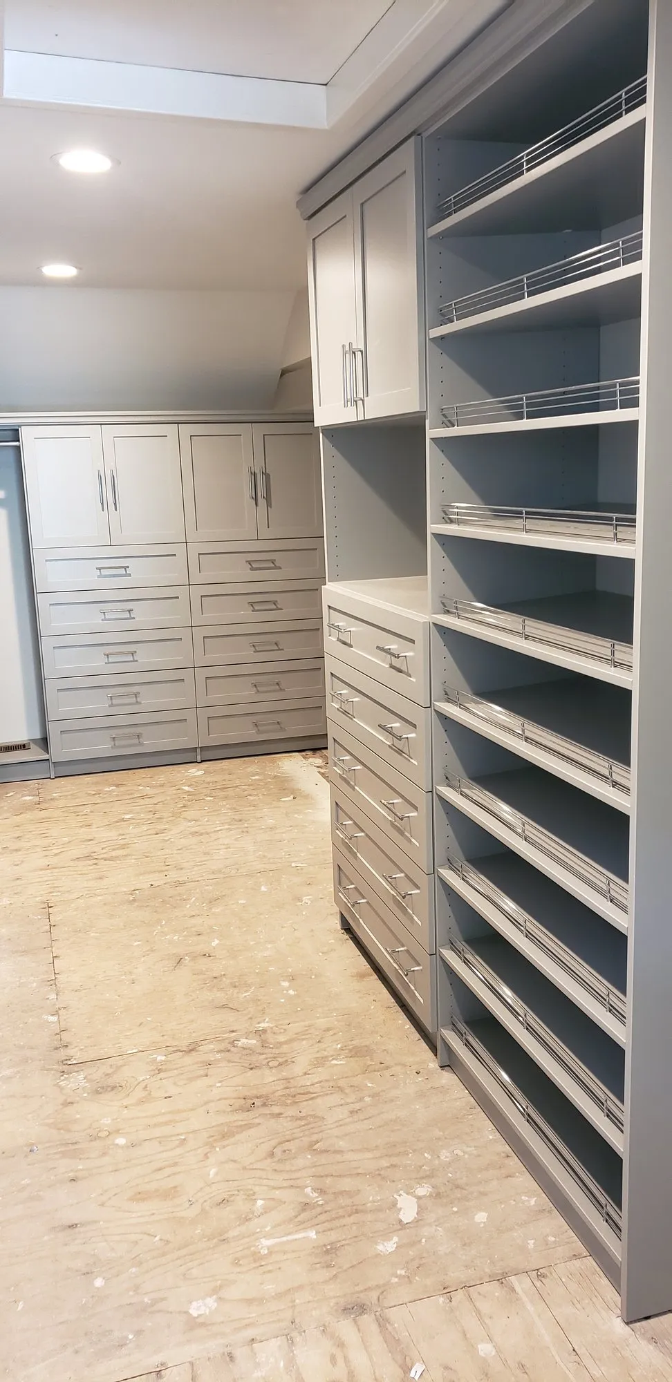 Grey shaker walk in, a custom closet built by Closet Authority NC in the Wilmington, NC area