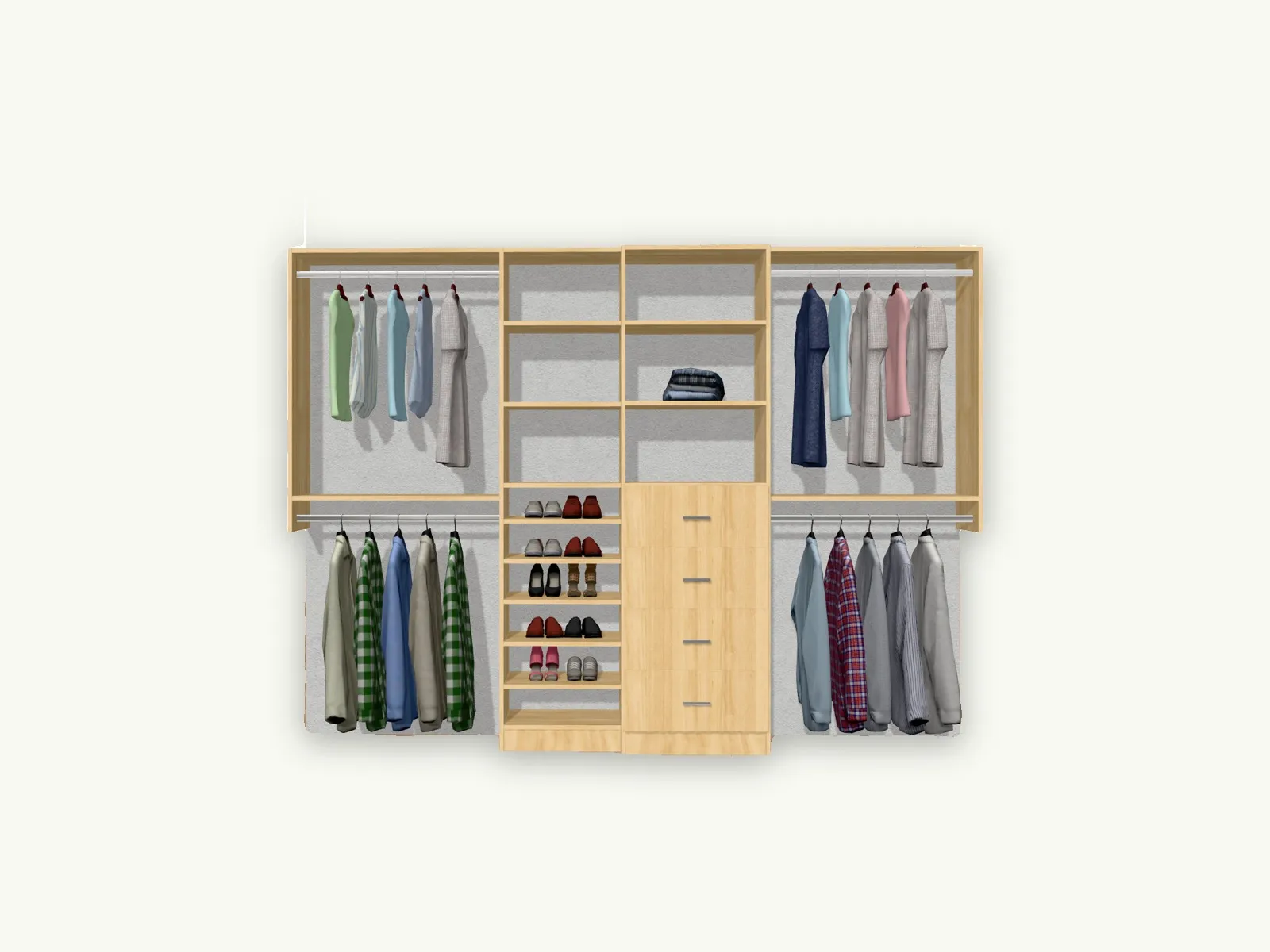 Custom oak walk-in closet with organized shelving and drawers